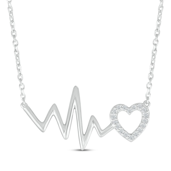 Diamond Heartbeat & Heart Outline Necklace 1/15 ct tw Sterling Silver 18"