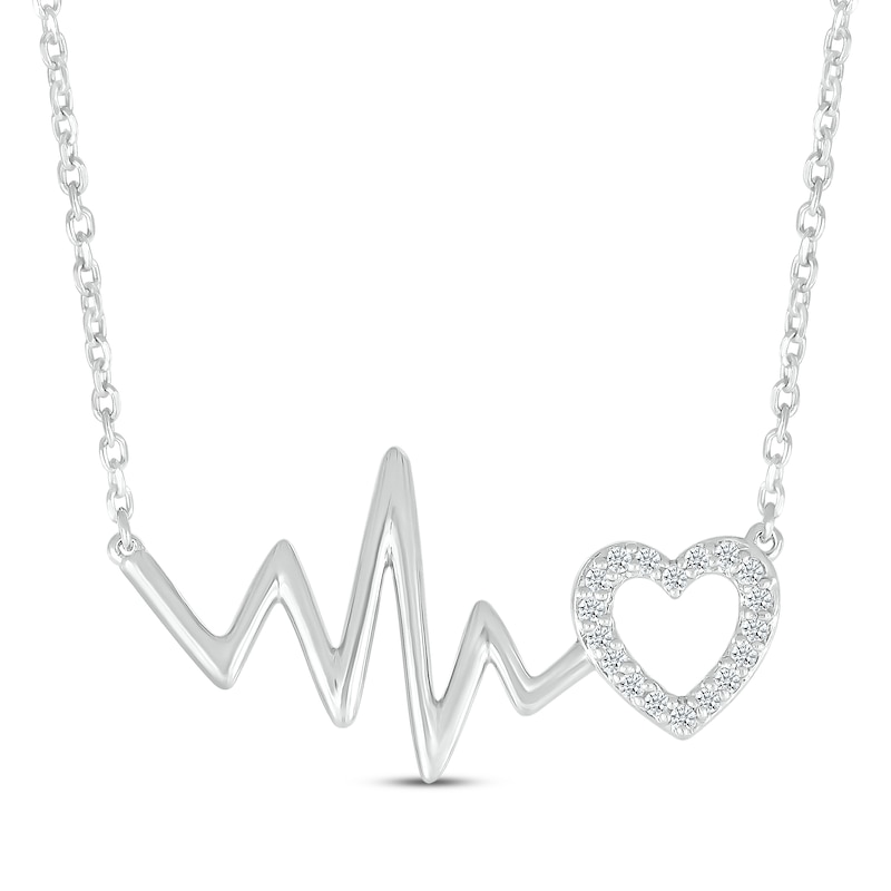 Main Image 1 of Diamond Heartbeat & Heart Outline Necklace 1/15 ct tw Sterling Silver 18&quot;