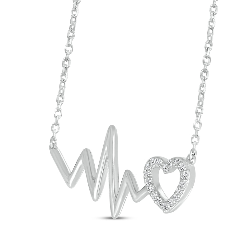 Diamond Heartbeat & Heart Outline Necklace 1/15 ct tw Sterling Silver ...