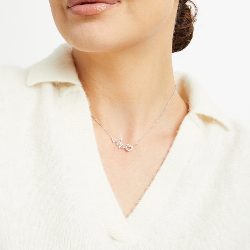 Main Image 3 of Diamond Heartbeat & Heart Outline Necklace 1/15 ct tw Sterling Silver 18&quot;