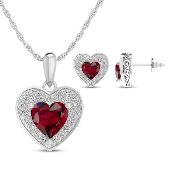 Heart-Shaped Lab-Created Ruby & White Lab-Created Sapphire Gift Set Sterling Silver
