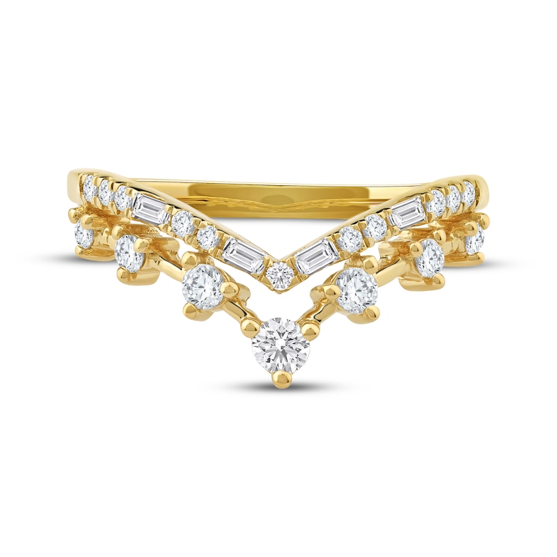 Main Image 3 of Now + Forever Lab-Grown Diamonds Baguette & Round-Cut Double Chevron Anniversary Ring 1/2 ct tw 14K Yellow Gold