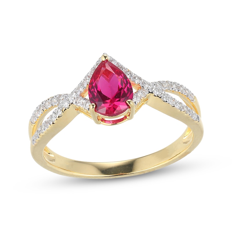 Main Image 1 of Pear-Shaped Lab-Created Ruby & Diamond Ring 1/5 ct tw 10K Yellow Gold