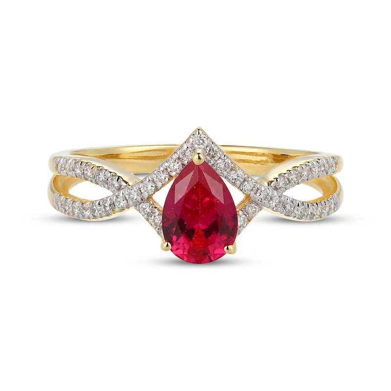 Main Image 3 of Pear-Shaped Lab-Created Ruby & Diamond Ring 1/5 ct tw 10K Yellow Gold