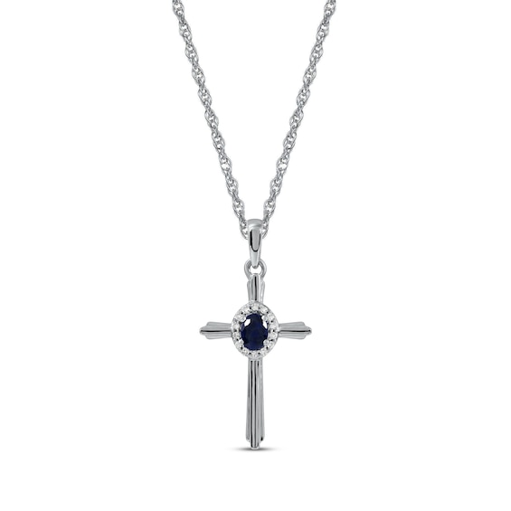 Blue Sapphire & Diamond Cross Necklace 1/20 ct tw 10K White Gold 18"