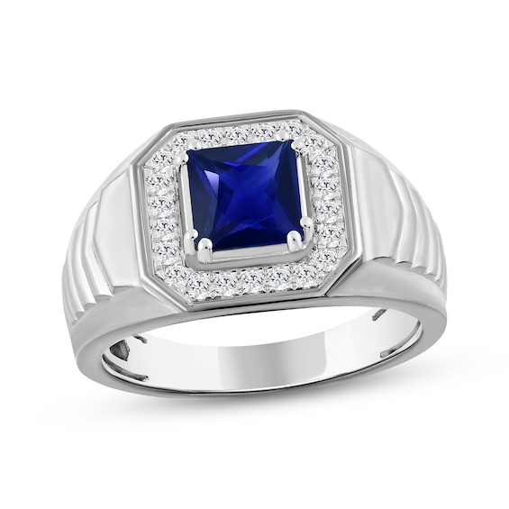 Men's Square-Cut Blue Lab-Created Sapphire & Diamond Ring 1/4 ct tw 10K White Gold
