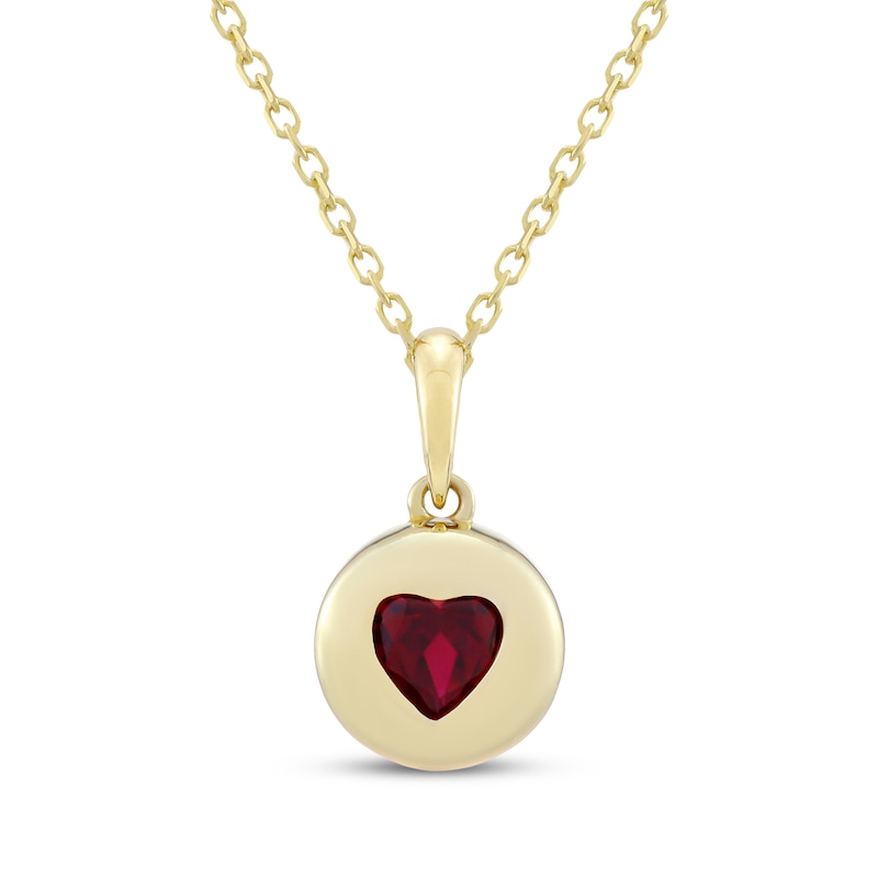 Main Image 1 of Heart-Shaped Lab-Created Ruby Bezel-Set Disc Necklace 10K Yellow Gold 18&quot;