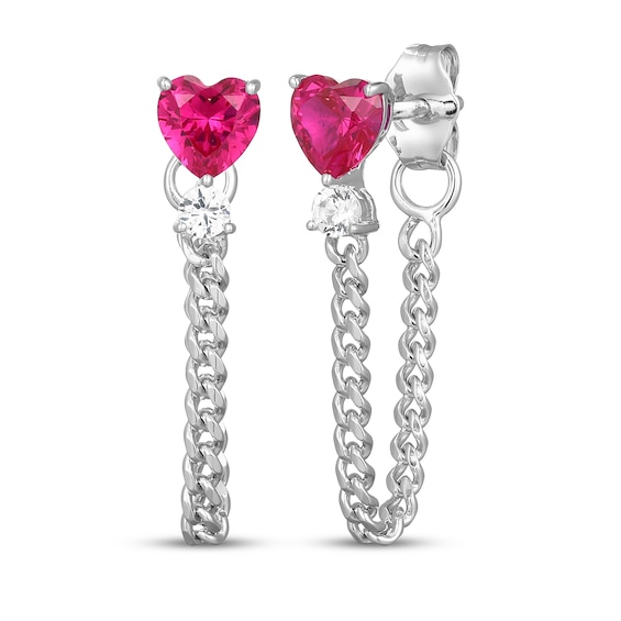 Heart-Shaped Lab-Created Ruby & White Lab-Created Sapphire Curb Chain Front-Back Earrings Sterling Silver