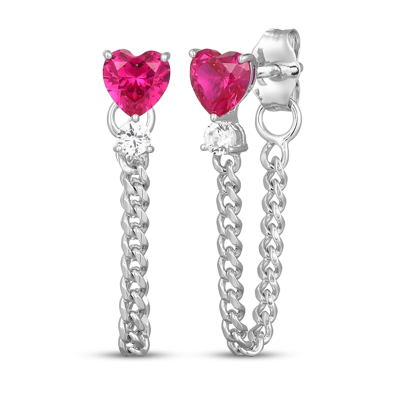 Main Image 1 of Heart-Shaped Lab-Created Ruby & White Lab-Created Sapphire Curb Chain Front-Back Earrings Sterling Silver