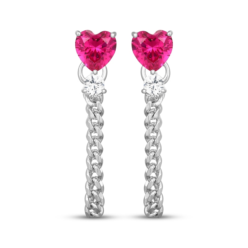 Main Image 2 of Heart-Shaped Lab-Created Ruby & White Lab-Created Sapphire Curb Chain Front-Back Earrings Sterling Silver