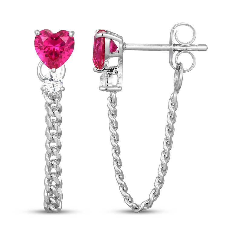 Main Image 3 of Heart-Shaped Lab-Created Ruby & White Lab-Created Sapphire Curb Chain Front-Back Earrings Sterling Silver