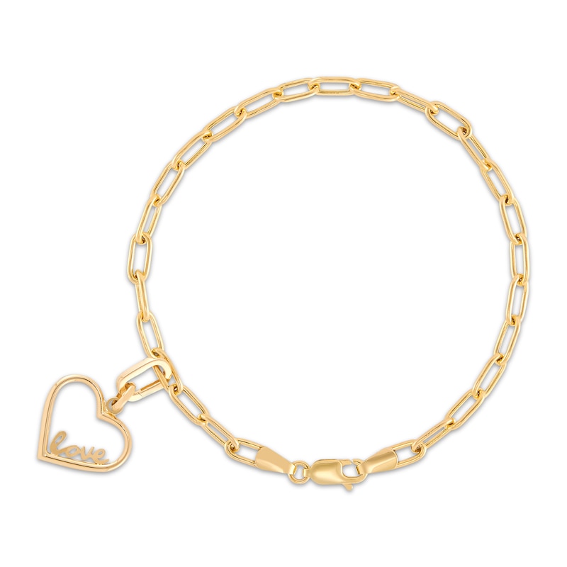 Main Image 1 of Charmed Memories "Love" Heart Charm Paperclip Bracelet Hollow 10K Yellow Gold 7.5"