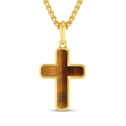 Men's Tiger's Eye Quartz Cross Necklace Yellow Ion-Plated Stainless Steel 24"