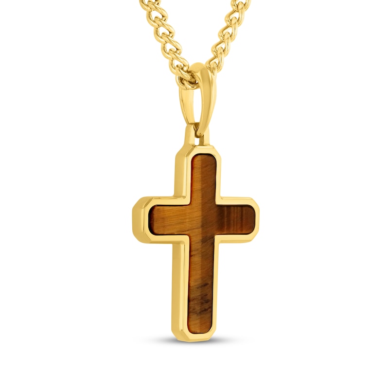 Main Image 2 of Men's Tiger's Eye Quartz Cross Necklace Yellow Ion-Plated Stainless Steel 24"