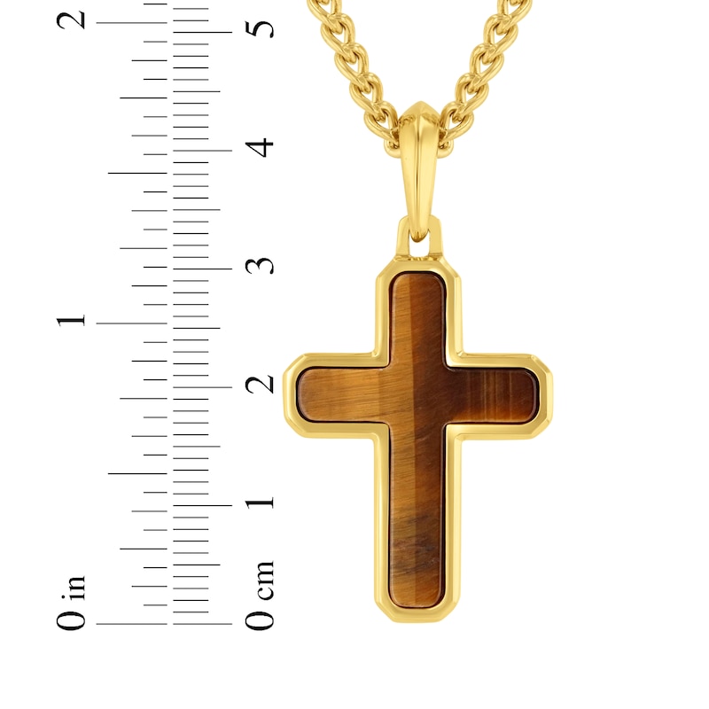 Main Image 4 of Men's Tiger's Eye Quartz Cross Necklace Yellow Ion-Plated Stainless Steel 24"