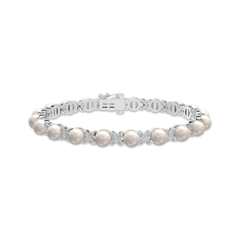 Main Image 1 of Cultured Pearl & White Lab-Created Sapphire Flower Bracelet Sterling Silver 7.25"
