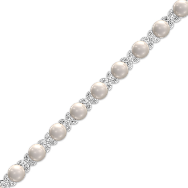 Main Image 2 of Cultured Pearl & White Lab-Created Sapphire Flower Bracelet Sterling Silver 7.25"