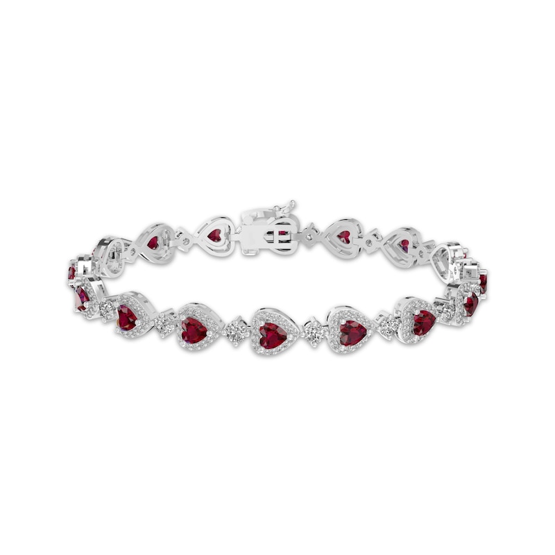 Main Image 1 of Heart-Shaped Lab-Created Ruby & White Lab-Created Sapphire Bracelet Sterling Silver 7.25"