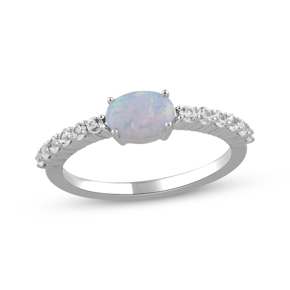 Oval-Cut Lab-Created Opal & White Lab-Created Sapphire Ring Sterling Silver