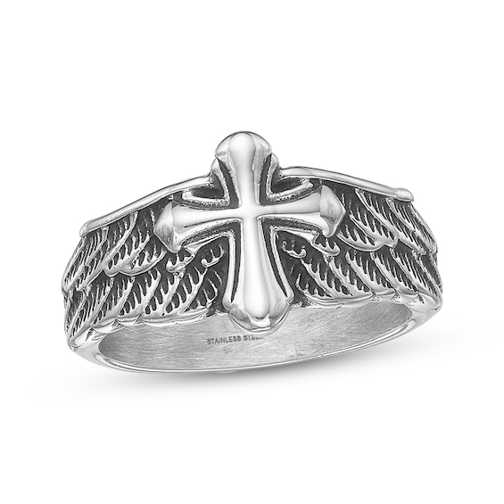 Men's Angel Wing Cross Ring Stainless Steel & Gray Ion Plating