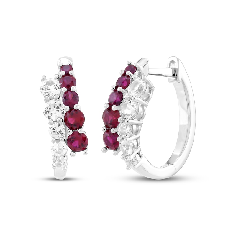 Main Image 1 of Lab-Created Ruby & White Lab-Created Sapphire Bypass Hoop Earrings Sterling Silver
