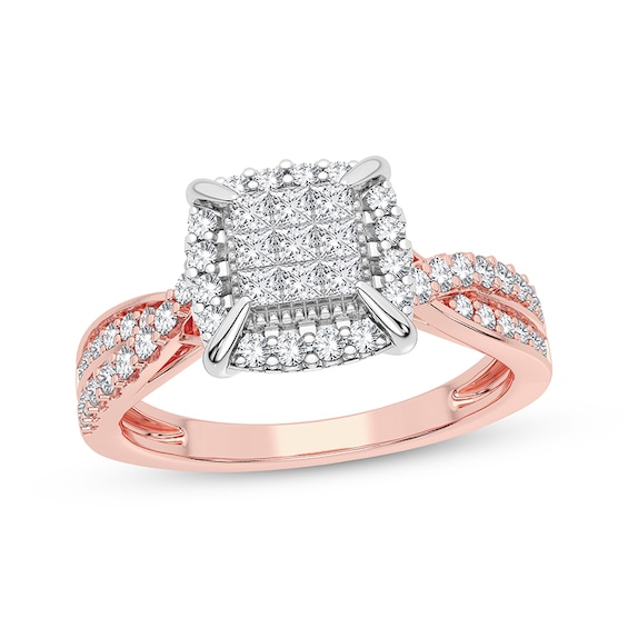 Now + Forever Multi-Diamond Center Engagement Ring 3/8 ct tw Princess & Round-cut 10K Rose Gold