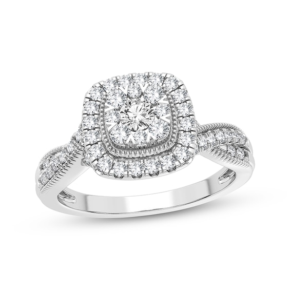 Now + Forever Multi-Diamond Center Cushion Engagement Ring 3/8 ct tw Round-cut 10K White Gold
