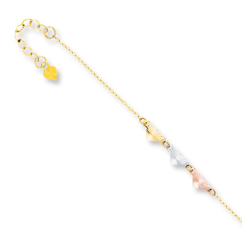 Main Image 1 of Heart Anklet Solid 14K Tri-Color Gold 9&quot;
