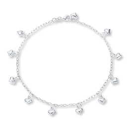 Puffed Heart Anklet Solid Sterling Silver 10"
