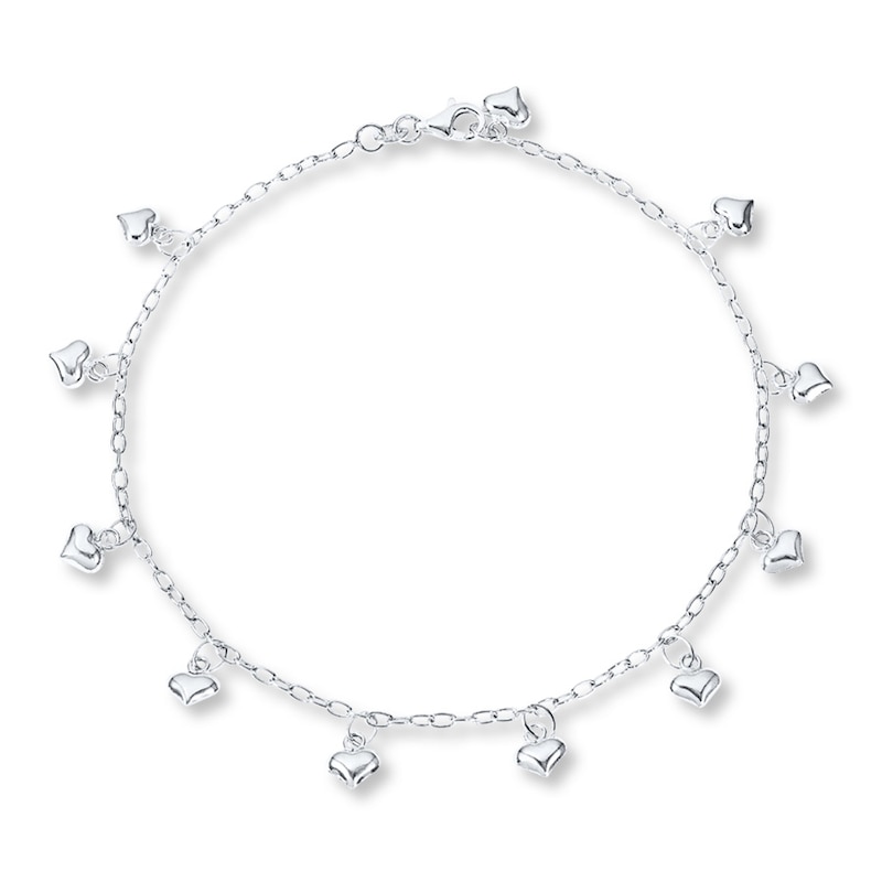 Main Image 1 of Puffed Heart Anklet Solid Sterling Silver 10&quot;
