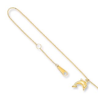 Dolphin Charm Anklet Solid 14K Yellow Gold 10"