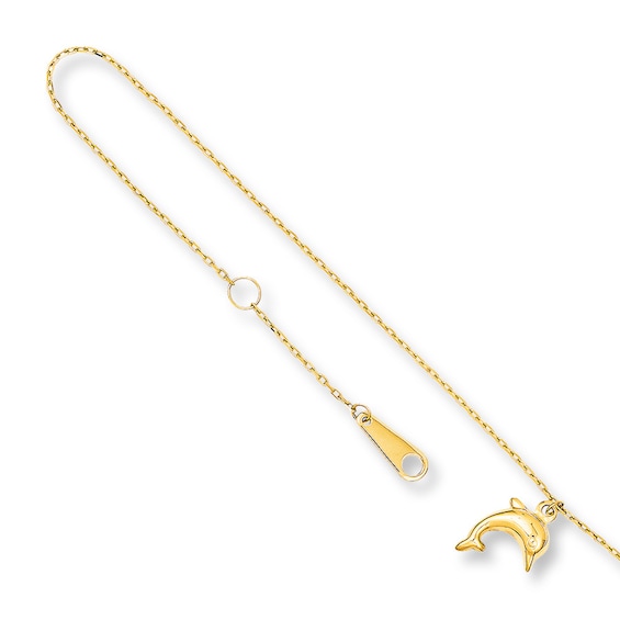 Dolphin Charm Anklet Solid 14K Yellow Gold 10"