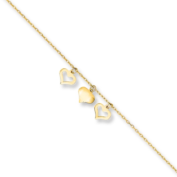 Heart Charm Anklet Solid 14K Yellow Gold 10"