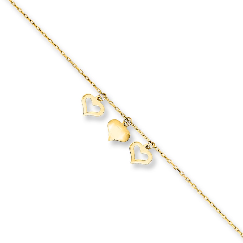 Main Image 1 of Heart Charm Anklet Solid 14K Yellow Gold 10&quot;