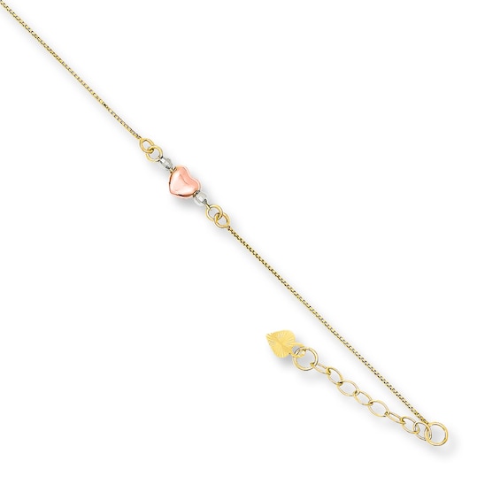 Puffed Heart Anklet Semi-Solid 14K Tri-Color Gold 10"