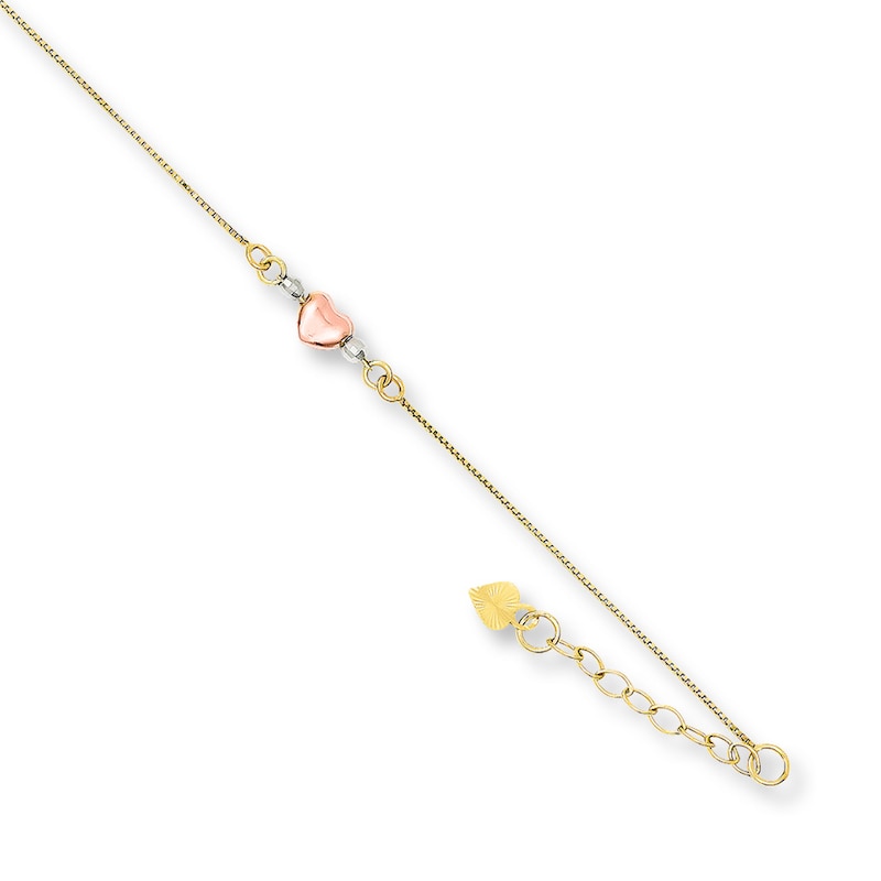 Main Image 1 of Puffed Heart Anklet Semi-Solid 14K Tri-Color Gold 10&quot;