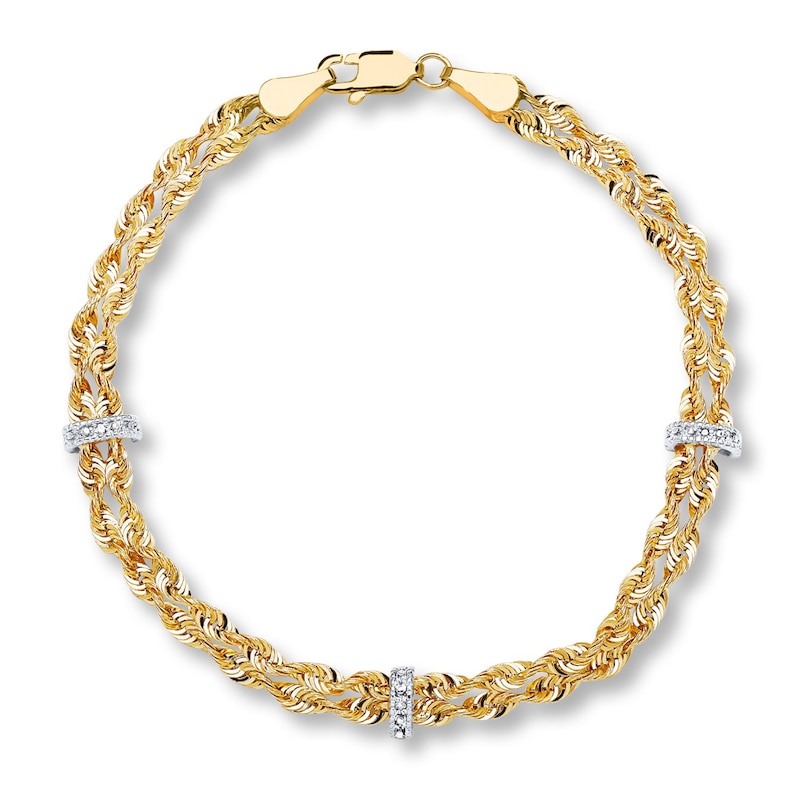 Main Image 1 of Rope Chain Bracelet Round Diamonds Hollow 10K Two-Tone Gold 7.5&quot;