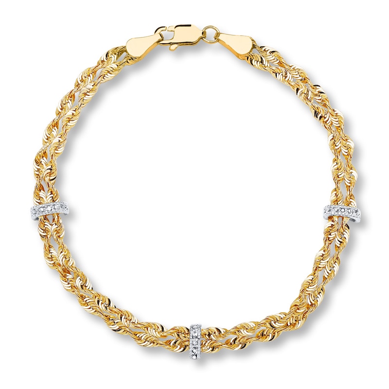 Hollow Rope Chain Bracelet Round Diamonds 10K Two-Tone Gold 7.5"