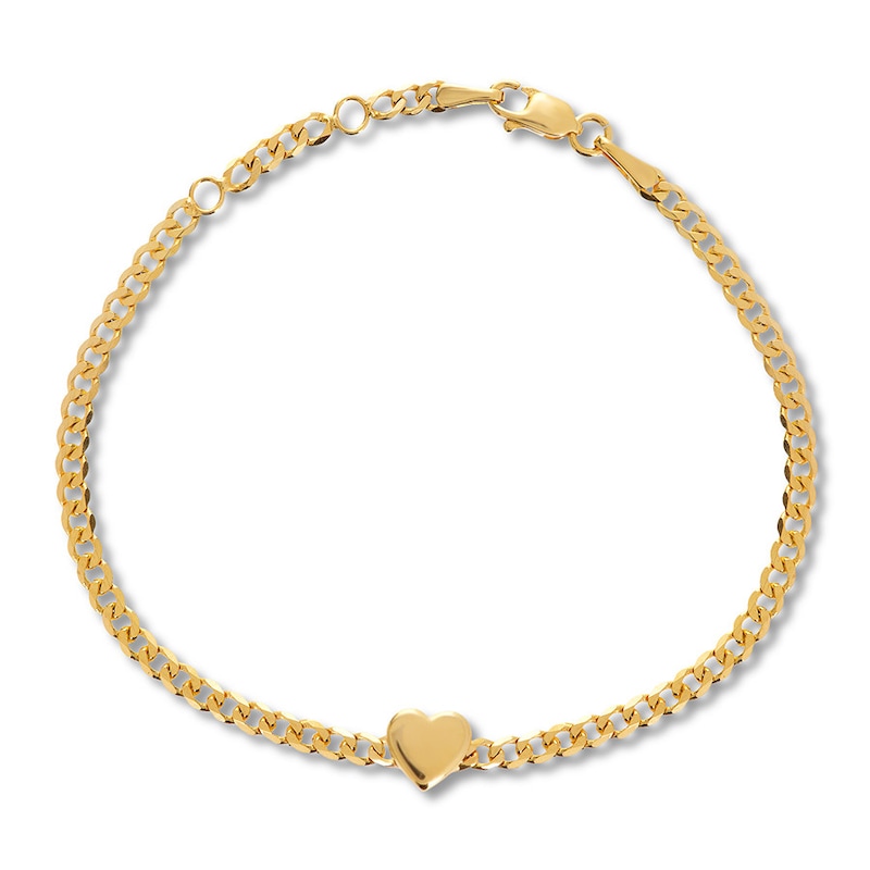 Heart Curb Chain Bracelet 14K Yellow Gold 7.25"