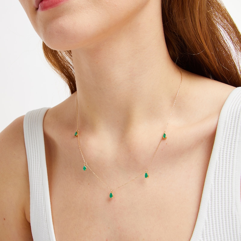 Main Image 2 of Pear-Shaped Emerald Dangle Station Necklace 10K Yellow Gold 18&quot;