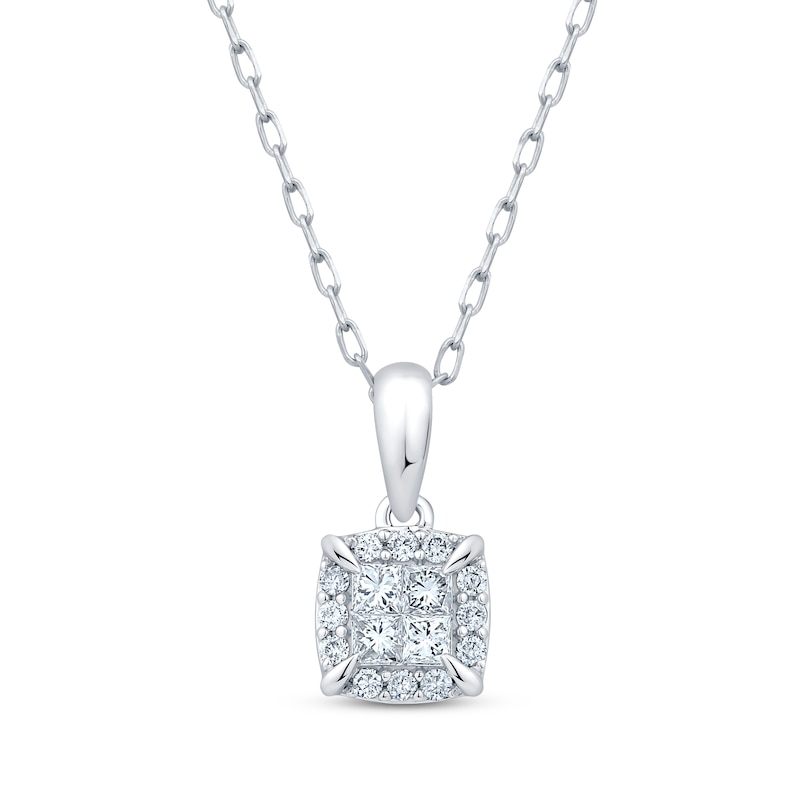 Main Image 1 of Princess-Cut Multi-Diamond Center Cushion Frame Necklace 1/4 ct tw 10K White Gold 19"