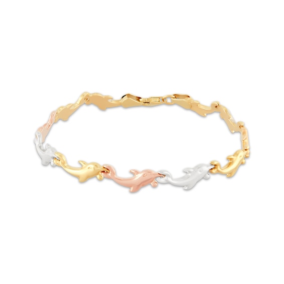 Dolphin Link Bracelet 10K Tri-Tone Gold 7.25"