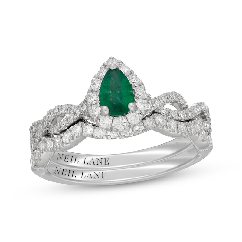Main Image 1 of Neil Lane Pear-Shaped Natural Emerald & Diamond Halo Twist Bridal Set 5/8 ct tw 14K White Gold