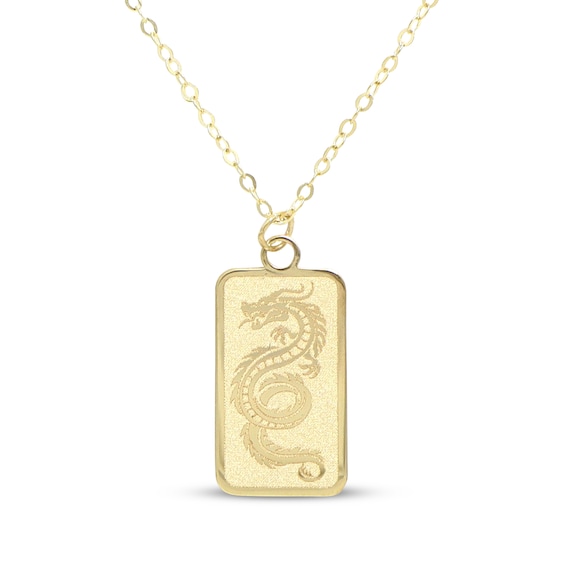 Dragon Dog Tag Necklace 14K Yellow Gold 18"
