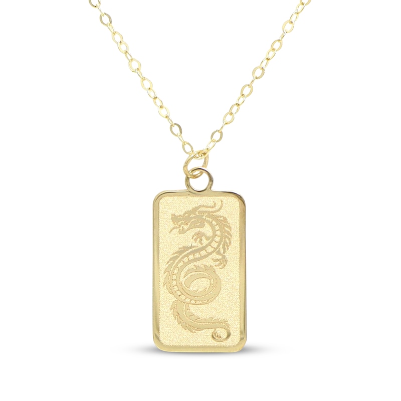 Dragon Dog Tag Necklace 14K Yellow Gold 18"
