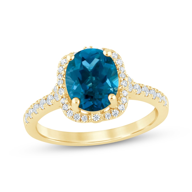 Main Image 1 of Now + Forever Oval-Cut London Blue Topaz & Diamond Halo Engagement Ring 1/3 ct tw 14K Yellow Gold