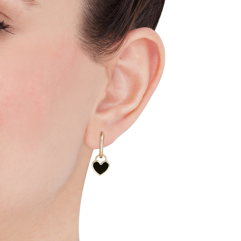 Main Image 4 of Charmed Memories Enamel Heart Dangle Hoop Earrings 10K Yellow Gold