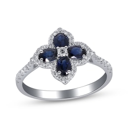 Oval-Cut Blue Sapphire & Diamond Clover Ring 1/3 ct tw 10K White Gold