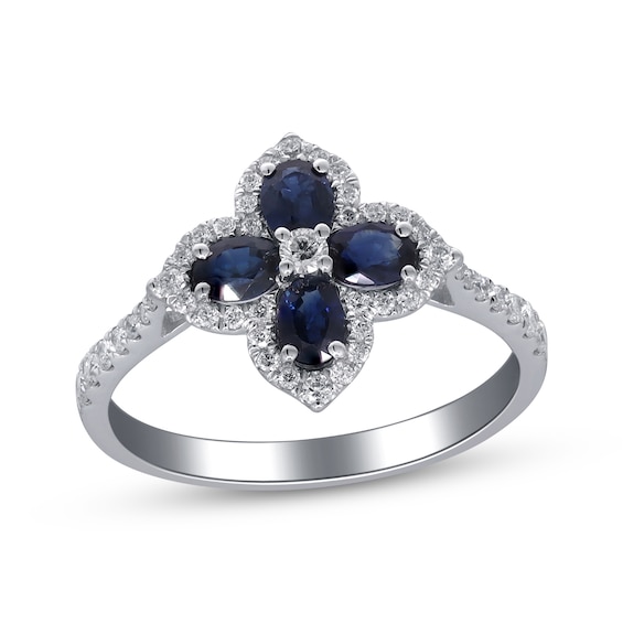 Oval-Cut Blue Sapphire & Diamond Clover Ring 1/3 ct tw 10K White Gold