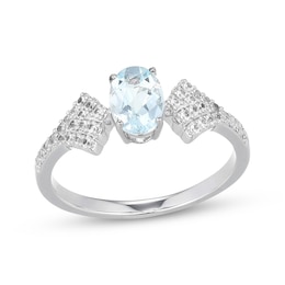 Oval-Cut Aquamarine & White Lab-Created Sapphire Fancy Shank Ring Sterling Silver